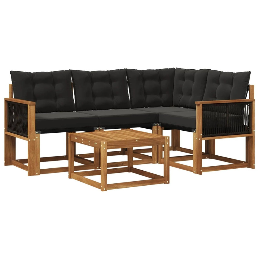 vidaXL Outdoor-Sofagarnitur in L-Form aus Akazienholz und Textilene mit 5 Kissen in Schwarz und Natur - Bild 2