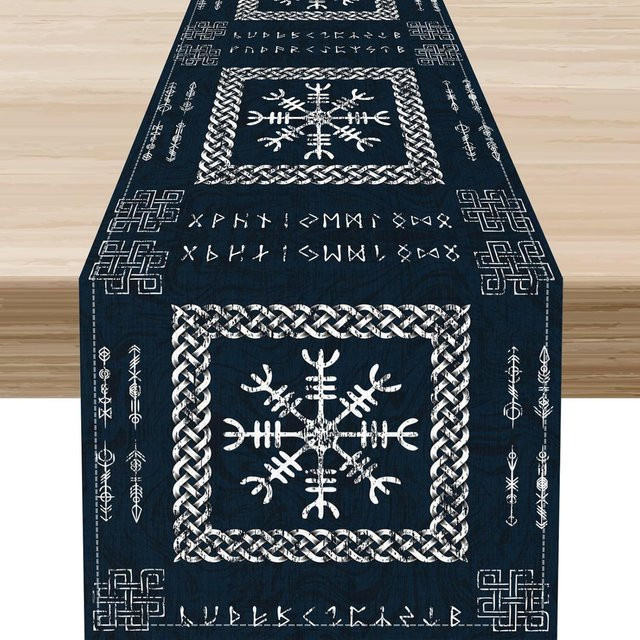 JINGYUE Pet Tischläufer aus Leinen mit skandinavischen Wikinger-Symbolen, Grau/Blau, B: 150 cm, T: 33 cm - Bild 1