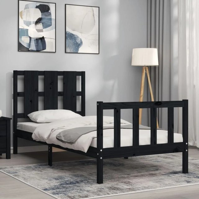 vidaXL Massivholzbett aus Kiefernholz mit Kopfteil in Schwarz, B/T/H: 80 x 190 x 100 cm - Bild 1