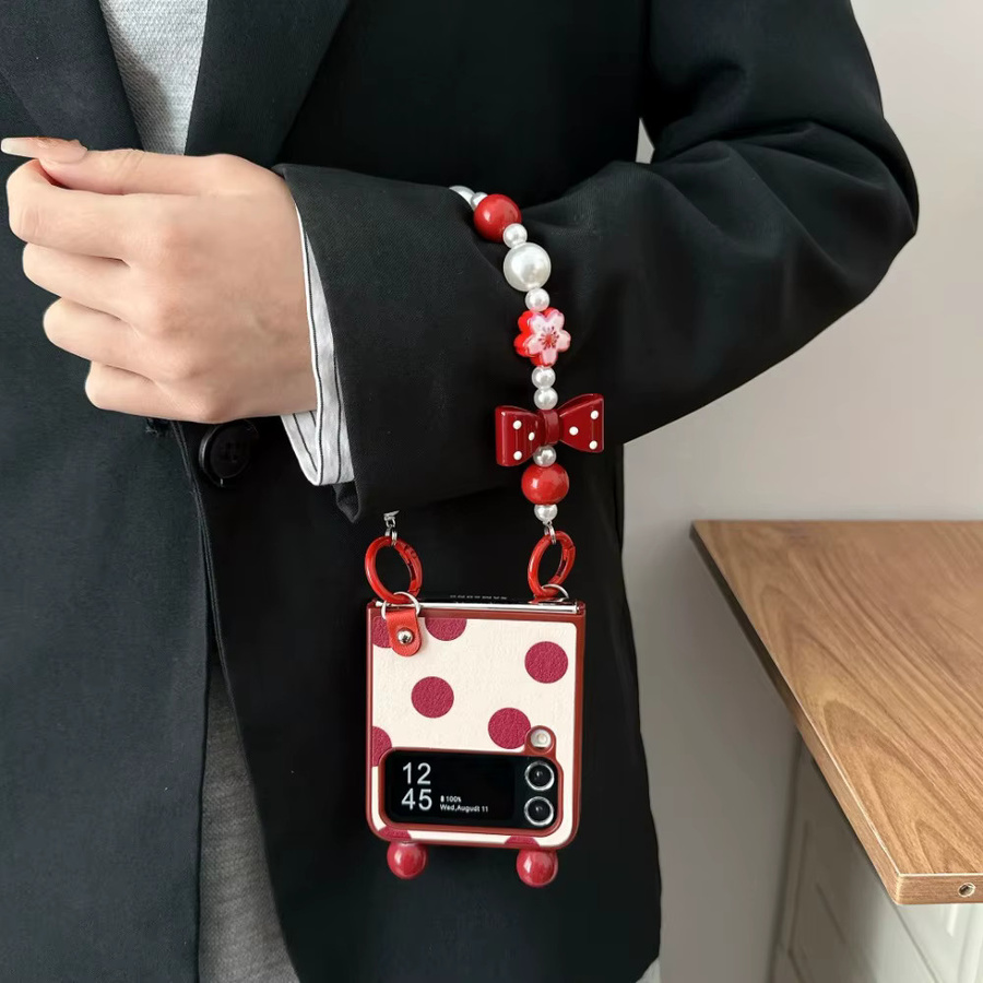 Luxus Handyhülle mit Kristall, Perlen und Pelz sowie Leder-Handgelenkband für Samsung Galaxy Z Flip 7, 6, 5, 4, 3 in Rot - Bild 5