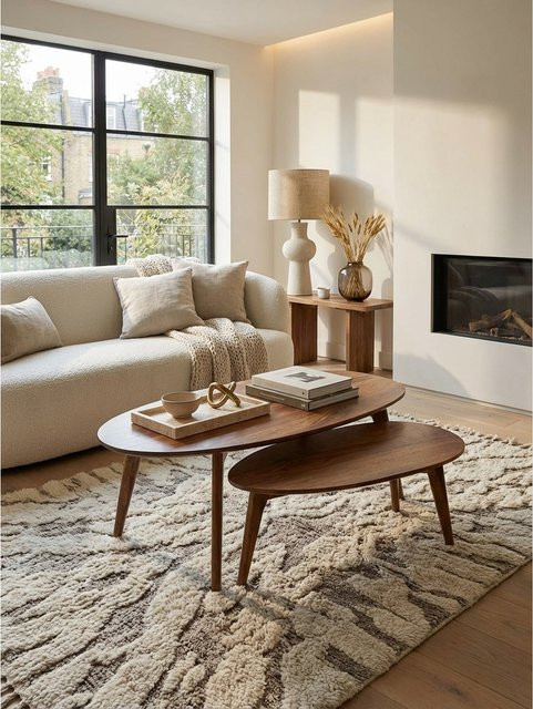 KADIMA DESIGN Couchtisch 2er Set aus Massivholz in Retro-Optik, braun, Nierenform, B/T/H: 100 x 50 x 42 cm - Bild 1