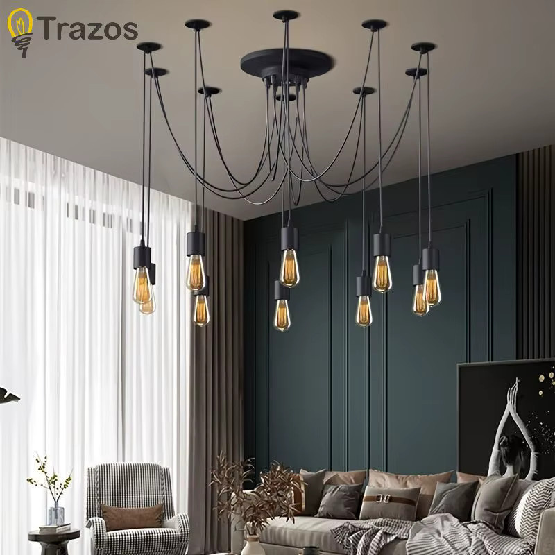 TRAZOS Industrie-Kronleuchter im Retro-Design aus Metall, Schwarz, Mehrkopf-Pendelleuchte für Wohnzimmer und Schlafzimmer - Bild 2