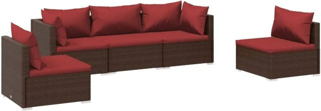 vidaXL 5-tlg. Garten-Lounge-Set in L-Form aus Poly Rattan und Metall mit Kissen in Braun und Rot - Bild 1