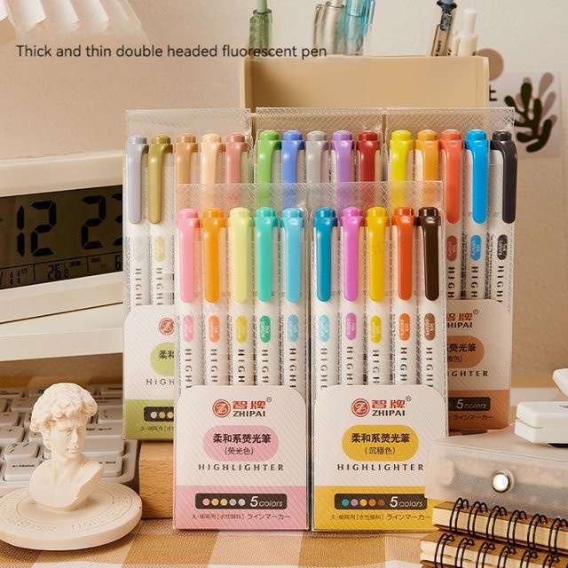 Doppelköpfiges Textmarker-Set mit 5 Pastellfarben, fluoreszierende Zeichenstifte für Kunst und Büro, Multicolor - Bild 1