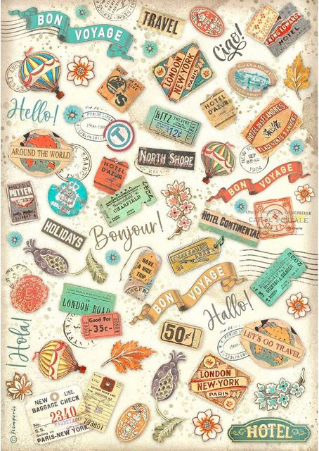 Stamperia Motiv-Strohseide Art of Travelling Labels in Multicolor, A4 - Bild 1