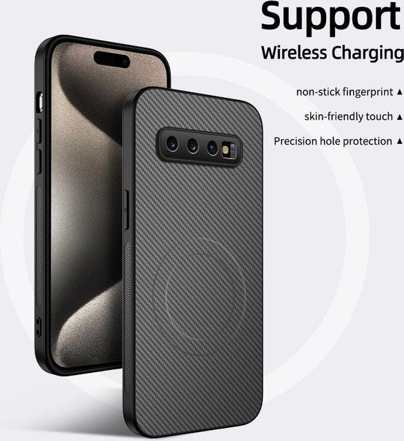 Stoßfeste magnetische Handyhülle mit Kohlefaser-Textur für Samsung Galaxy S10, S10 Plus und S10E, kabelloses Laden möglich, Farben: Schwarz, Blau, Grau, Lila - Bild 1