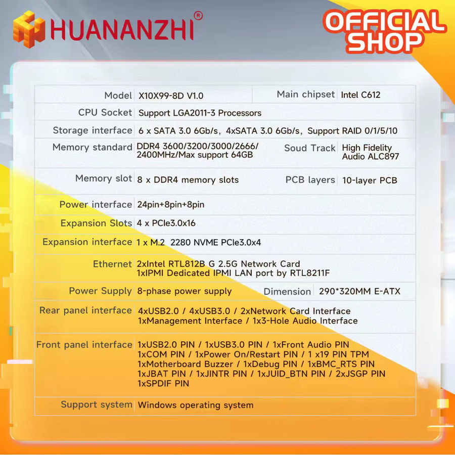 HUANANZHI X10X99-8D+ TPM2.0 Motherboard LGA2011-3 mit Dual 2.5G LAN, DDR4 und PCIe 3.0 in Schwarz - Bild 3