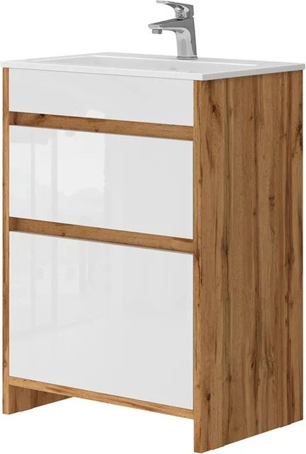 Vicco Badmöbel-Set Detmold Waschbecken mit Unterschrank in Eiche und Weiß, Breite: 60 cm, Tiefe: 40 cm, Höhe: 81,9 cm - Bild 2