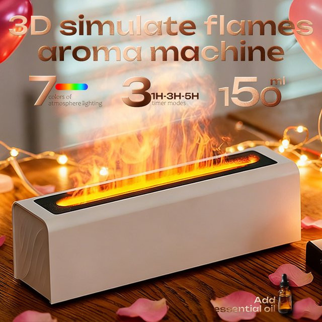 HAOYUNMA Flammen-Aroma-Diffusor und Luftbefeuchter in Schwarz mit 7-Farben-Lichteffekten und Timer-Funktion - Bild 1