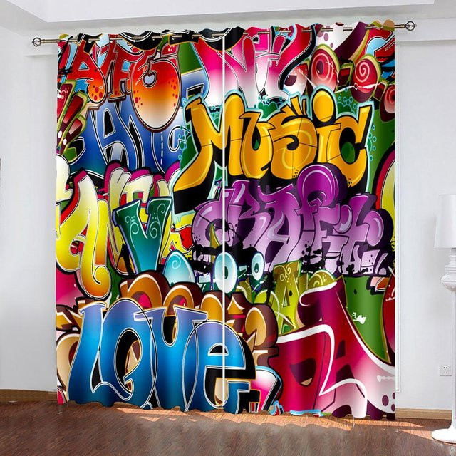 Abstrakter Graffiti Vorhang mit 3D-Digitaldruck für Wohnzimmer und Schlafzimmer, halbtransparent, Multicolour, B: 173 cm, H: 214 cm - Bild 1