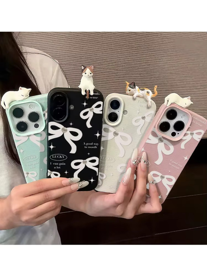 Stoßfeste iPhone Schutzhülle aus Leder mit weißer Schleife und süßem 3D-Katzen-Design für Apple iPhone 11 bis 17 Pro Max Modelle, Farbe: Weiß - Bild 6