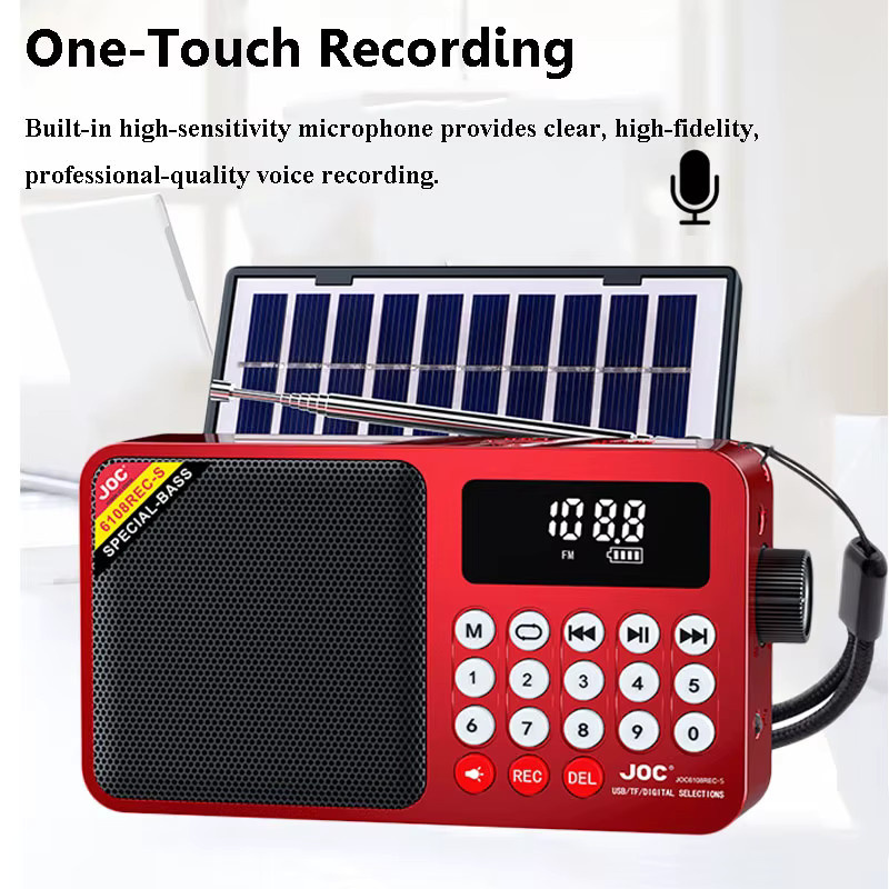 JINSERTA Tragbares Mini-Notfallradio in Rot mit LED-Anzeige, Solarpanel, Bluetooth-Lautsprecher und Recorder mit TF-Karte und USB-Anschluss - Bild 3