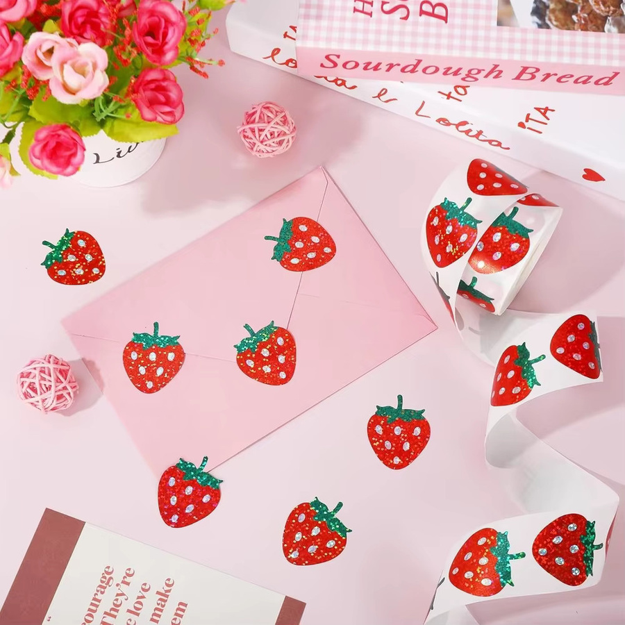 500 Stück Erdbeere Holographische Etiketten in Rot als dekorative Aufkleber für Scrapbooking und Geschenkeinpackungen - Bild 2