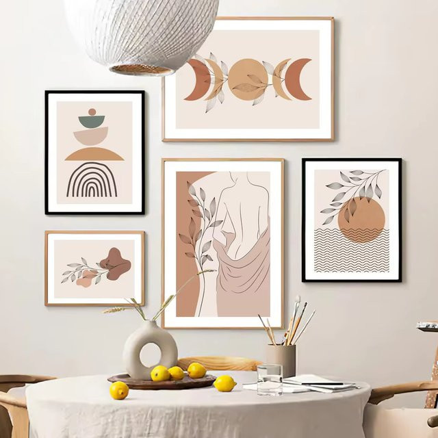 Potdemiel Boho Wandkunst Leinwandmalerei mit abstrakten Linien, Mädchen und botanischen Blättern im geometrischen Nordic Minimalismus Design - Bild 1
