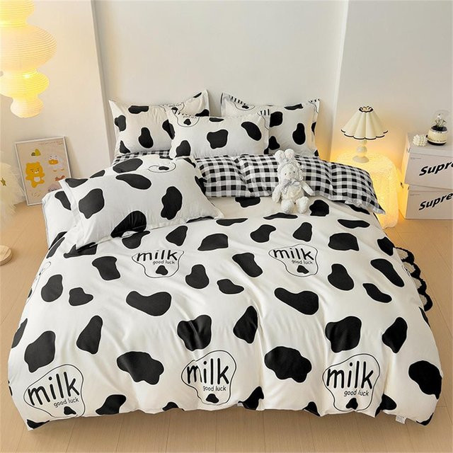 Flylo Bettbezug-Set mit Kuhmuster und Karomuster für Kinder, wendbar, weiß, B/H: 150 x 200 cm - Bild 1