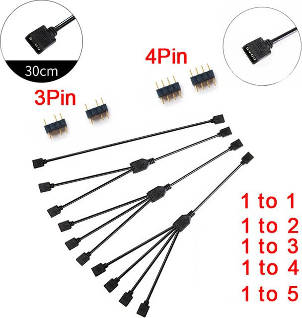 TAIBAIJIA RGB Splitter-Kabel und ARGB 5V 3-Pin Verlängerungskabel Adapter für MSI ASUS ASRock AURA LED-Beleuchtung, Schwarz, Länge: 30 cm - Bild 1