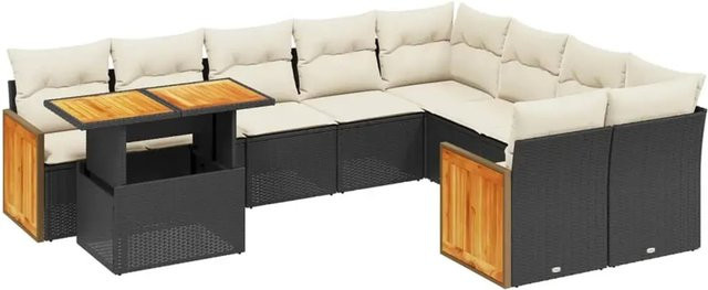 vidaXL 10-tlg. Garten-Sofagarnitur in U-Form aus Polyrattan und Akazienholz mit Kissen, Schwarz - Bild 1
