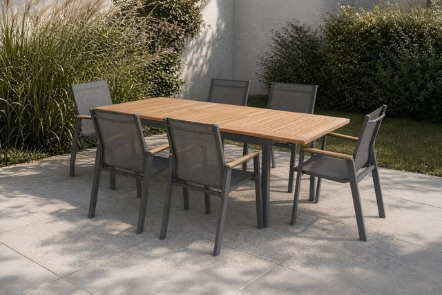 Hartman Aruba Garten-Essgruppe aus Aluminium und Teakholz in Anthrazit/Natur mit 6 Stapelsesseln und ausziehbarer Tischplatte - Bild 1