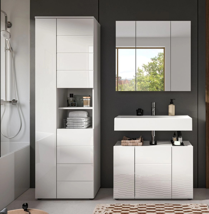 Inn.Furn Badmöbel Set Larik 3-teilig in Weiß Hochglanz, bestehend aus Waschtischunterschrank, Spiegelschrank und Hochschrank, B/H: 157 x 190 cm - Bild 2