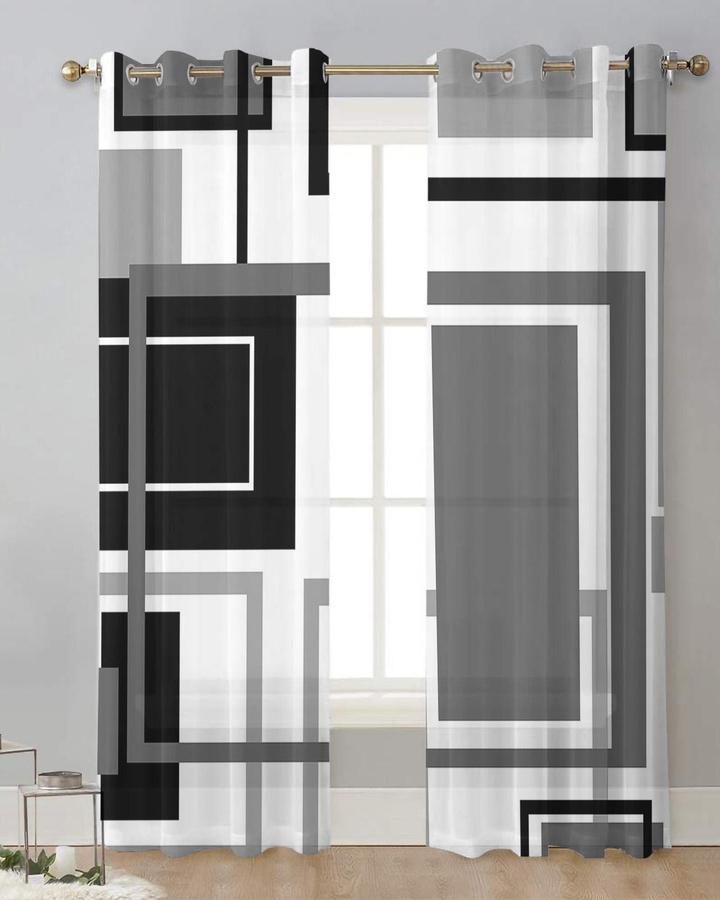 Transparente Tüll-Voile-Vorhänge von Household supplies MH mit abstraktem geometrischem Quadrat-Design in Schwarz und Grau, Breite: 135 cm, Höhe: 115 cm - Bild 4