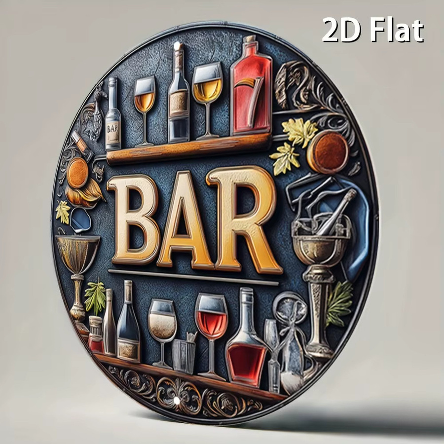 Potdemiel Vintage-Metallschild Bar Motiv mit Wein und Gläsern, rundes Retro-Wandkunst Poster aus Aluminium, Mehrfarbig, Durchmesser: 20 cm - Bild 5