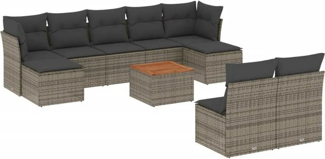 vidaXL 10-tlg Garten-Sofagarnitur aus Poly Rattan und Akazienholz in Grau mit Kissen Modell 51 - Bild 1