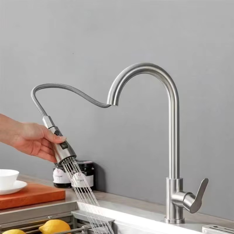 DQOK Küchenarmatur mit Einloch-Ausziehbrause und Sprühkopf in Chrom und Schwarz - Bild 2