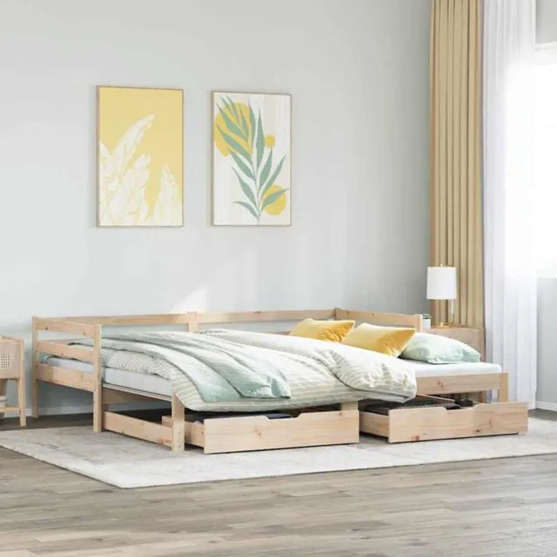 Ausziehbares Tagesbett aus Kiefer Massivholz mit Schubladen von Vidaxl in Braun Natur, B/T/H: 90 x 190 cm, im Landhaus- und Skandinavischen Stil - Bild 1