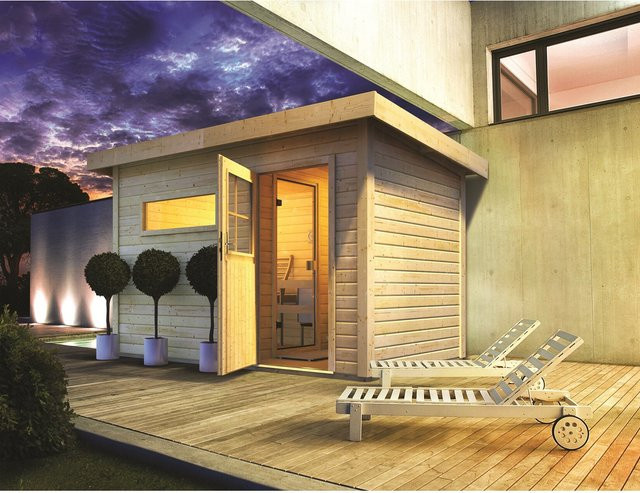 Karibu Saunahaus Ondo 1 Set naturbelassen mit 9 kW Ofen und Fenster - Bild 1