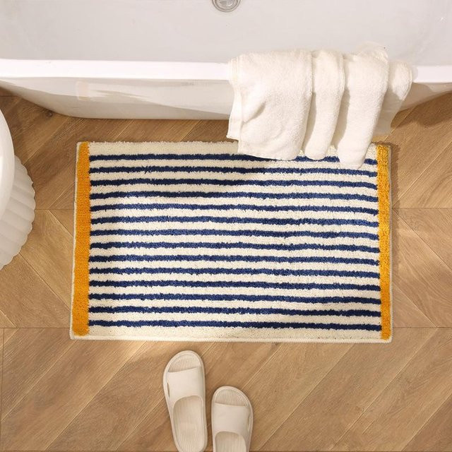 Saugfähige und rutschfeste Badezimmermatte im Koreanischen Design, blau gestreift, B/B: 50 x 80 cm - Bild 1