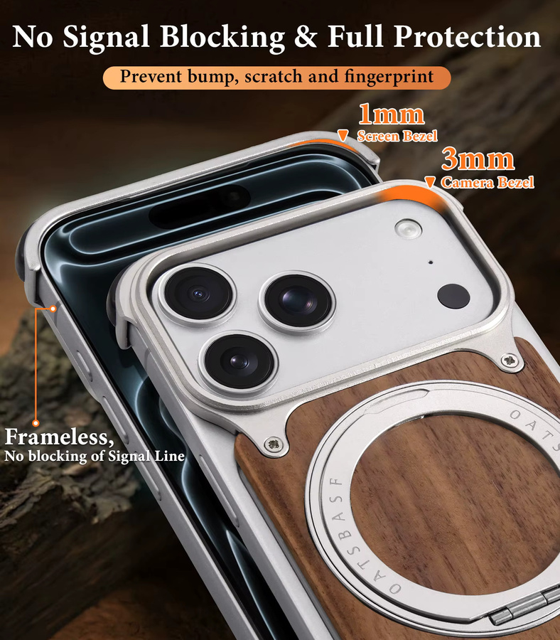 Oatsbasf Massivholz-Handyhülle für iPhone 17 16 Pro/Pro Max mit 360 Grad rotierendem Ringständer und magnetischem Schutz in Schwarz oder Braun - Bild 5