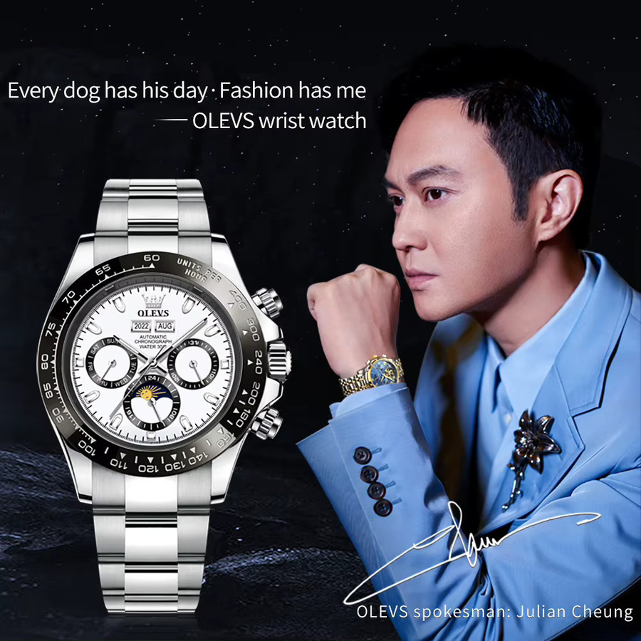 OLEVS Armbanduhr, Automatik, Edelstahl, Silber, Chronograph, Herren - Bild 4