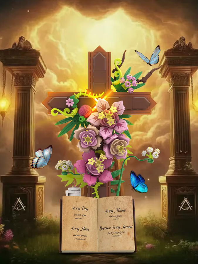 Gobricks MOC Jesus Kreuz Tulpe Bibel Blume, Bausteine Spielzeug - Bild 3