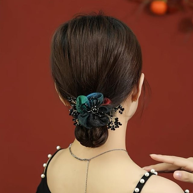 ouyaohong Haargummi Organza-Kristallblumen, Lila- und Brauner Zopfhalter, Perlendetails, Damen, farbverlauf schwarz - Bild 1