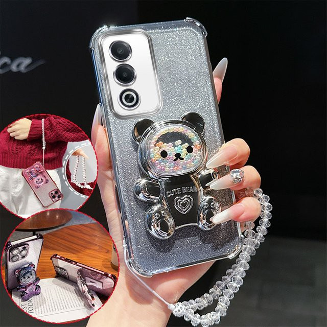 Stoßfeste Handyhülle für Oppo A3 Pro A3Pro A80 K12X 5G mit 3D-Bärenständer, Glitzer und Kristallketten-Lanyard in Pink - Bild 1