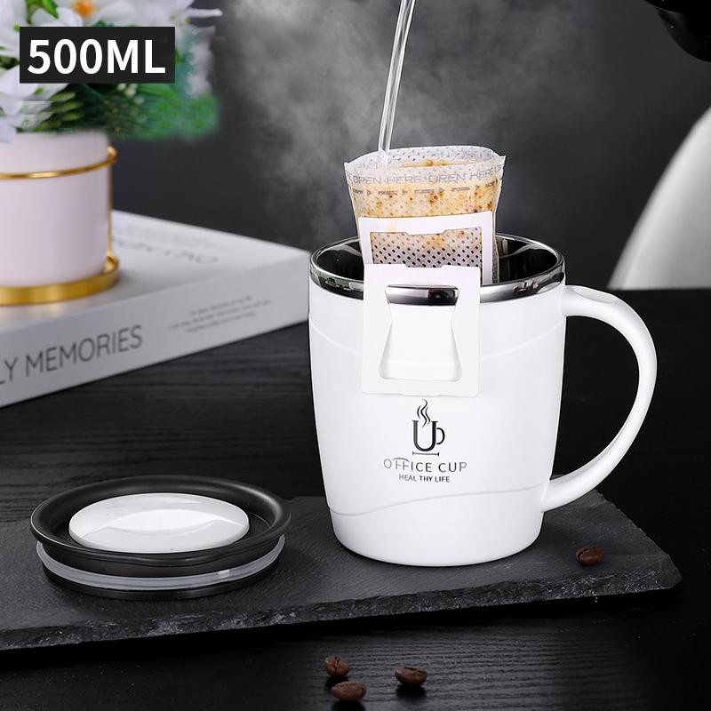 Isolierter Kaffeebecher aus Edelstahl 304 mit Deckel und Griff, doppelwandiger Kaffeebecher in Weiß, 500 ml - Bild 5