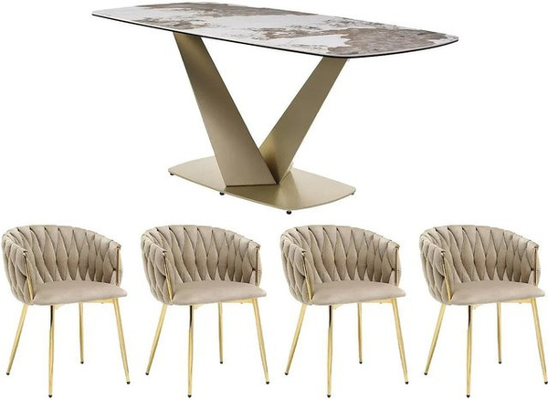 Vente-unique Essgruppe Porelima in Beige und Weiß mit Marmor-Optik, Breite: 180 cm