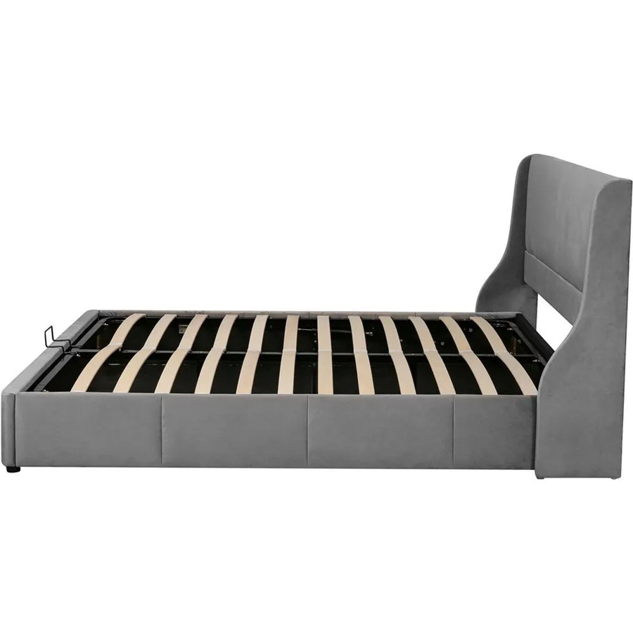 KOMHTOM Doppelbett mit hydraulischem Lift-up-Boden, gepolstert in Samt, Grau, B/T/H: 160 x 200 cm - Bild 2