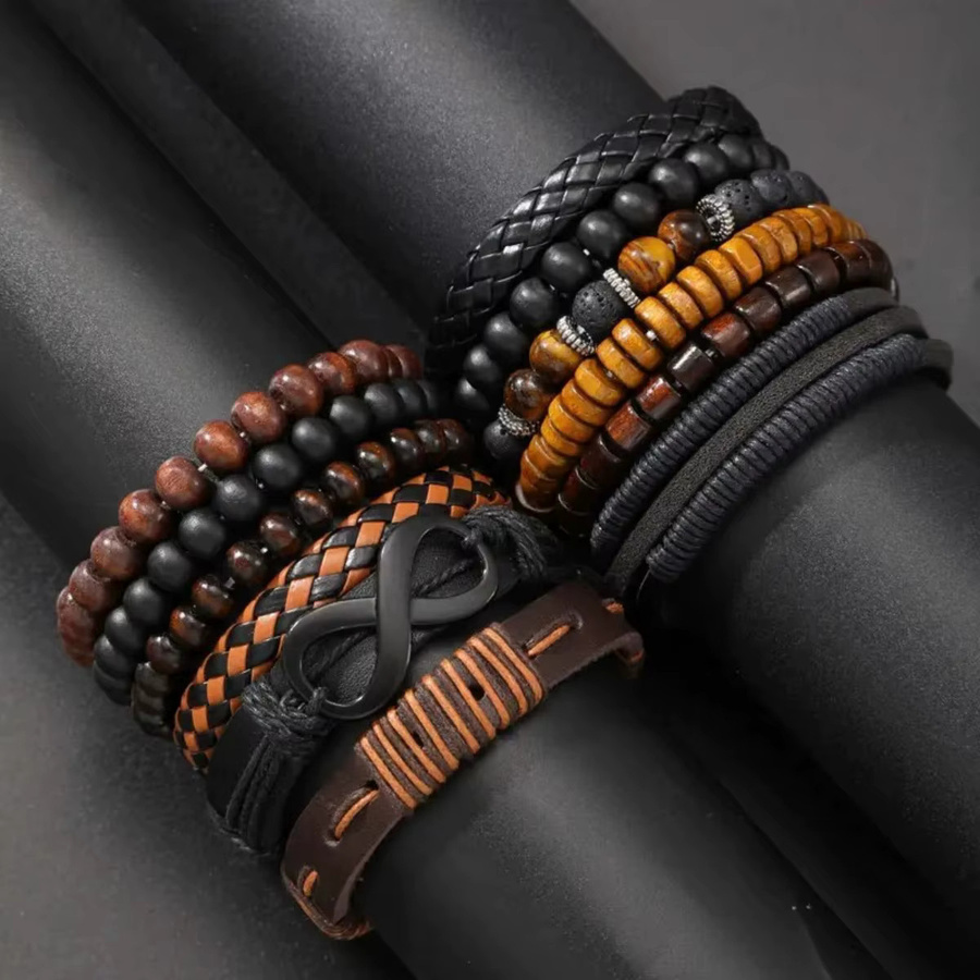 Armband-Set Kunstleder, Tigerauge, Mondsteinperlen, Vintage, Unisex - Bild 2