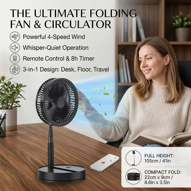 LIPETY Tragbarer Ventilator Schwarz mit Fernbedienung, Faltbar und Teleskopisch, 8000 mAh Akku, 4 Windgeschwindigkeiten, Höhenverstellbar, USB-Kühlventilator für Innen und Außen - Bild 1