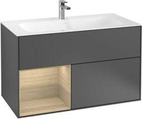 V&B Waschtischunterschrank Finion mit Regal links in Oak Veneer und Anthracite matt, B: 99,6 cm, H: 59,1 cm, T: 49,8 cm - Bild 1