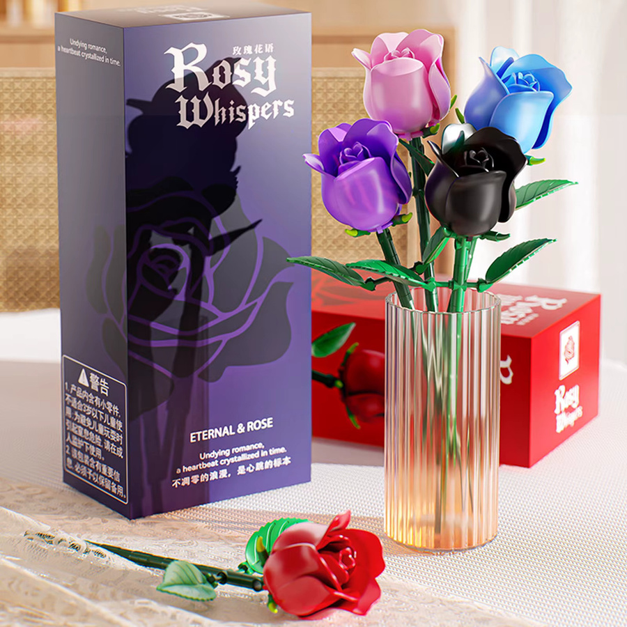 wishiot Bausteine mit Konservierten Blumen, DIY Romantischer Rosenstrauß, Schwarz - Bild 3