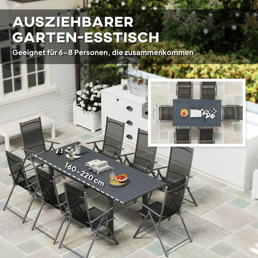 Outsunny Gartentisch aus Aluminium in Grau mit Lamellenoptik, erweiterbar für Garten und Terrasse, B/H/L: 90 x 73 x 220 cm - Bild 5