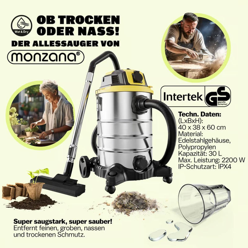 MONZANA Nass-Trockensauger 1200W mit 30L Fassungsvermögen in Schwarz-Gelb mit Edelstahl-Elementen, B/T/H: 60 x 40 x 38 cm - Bild 4
