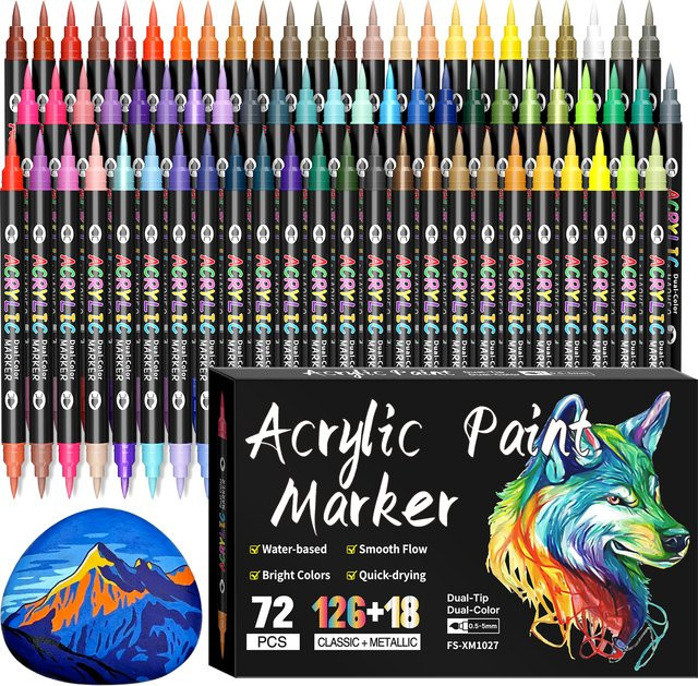 Kolorowys Acryl-Marker mit Doppelspitze und weichem Pinsel, 24 Farben für Steinmalerei, Leinwand, Holz, Glas, Keramik, Stoff und Kunststoff - Bild 1