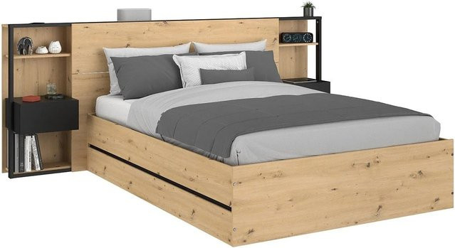 Vente-unique Bett Ludaro mit Bettkasten in Schwarz und Naturfarben Hell, B/T/H: 140 x 190 cm - Bild 1