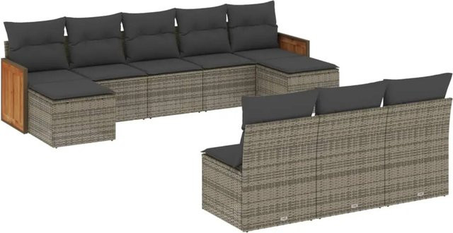vidaXL 10-teilige Garten-Sofagarnitur aus Polyrattan in Grau mit Kissen und Akazienholz - Bild 1