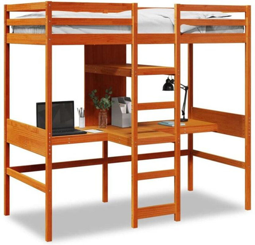 vidaxl Hochbett aus Kiefer Massivholz mit Schreibtisch und Ablagen in Braun, B/T/H: 200 x 90 x 190,5 cm - Bild 1