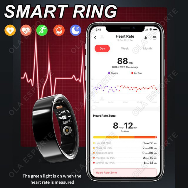 Ola Esporte R09 Smart Ring in Schwarz mit Gesundheits- und Schlafüberwachung, kabellosem Laden sowie 5ATM und IP68 Wasserdichtigkeit für Android und iOS, Unisex - Bild 1