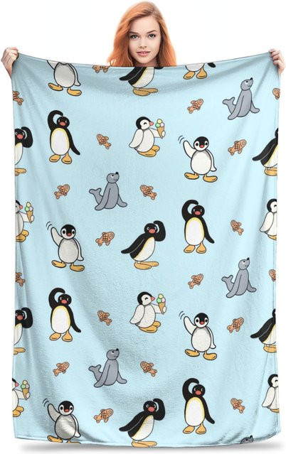 Noot Pingu und Freunde Flanell Decke, weiche und warme Kuscheldecke für Sofa und Heim, Blau, B/B: 150 x 200 cm - Bild 1
